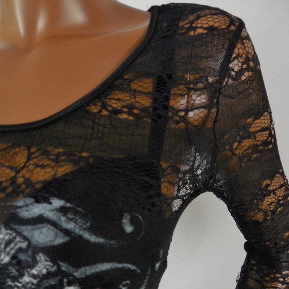 HARLEY DAVIDSON Top M Long Black Lace Tunic Shirt Skull Logo Sheer 3/4 Sleeves - Picture 3 of 14